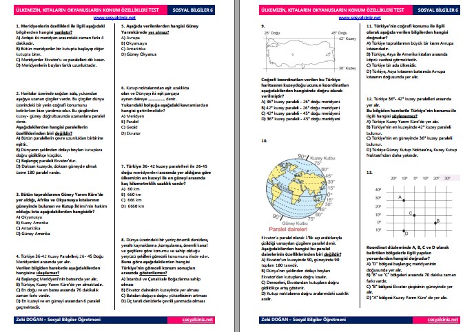 Ülkemizin Kıtaların ve Okyanusların Konum Özellikleri Test