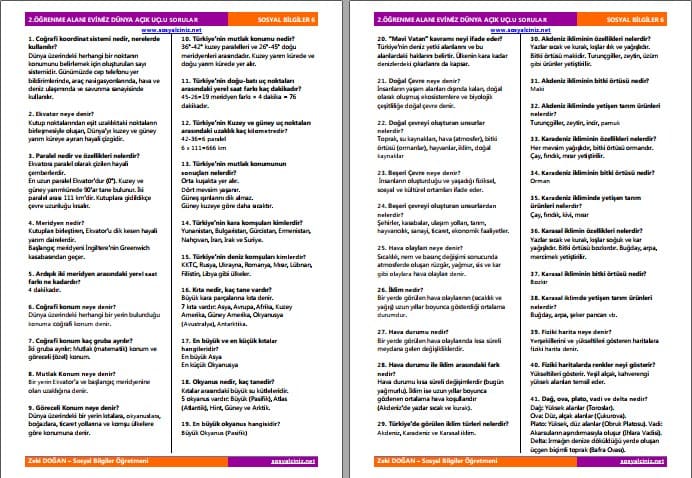 6.Sınıf Sosyal Bilgiler 2.Öğrenme Alanı Evimiz Dünya Açık Uçlu Sorular