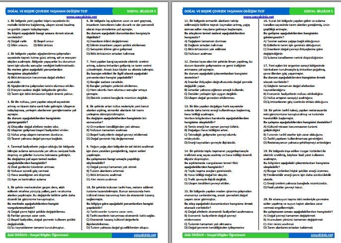 Doğal ve Beşeri Çevrede Yaşanan Değişim Test