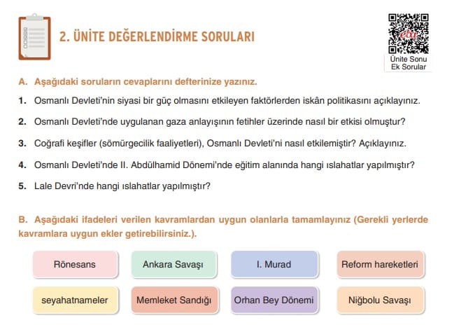 7.Sınıf Sosyal Bilgiler 2.Ünite Değerlendirme Soruları Cevapları (Yıldırım)