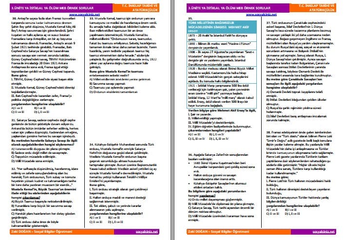 T.C. İnkılap Tarihi 3.Ünite MEB Örnek Sorular 2018-2025