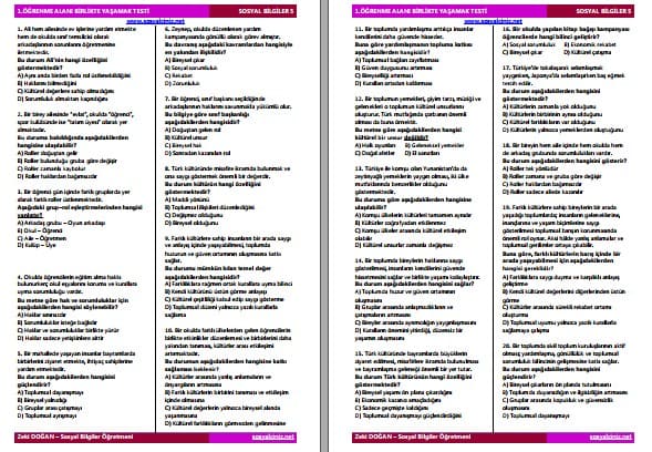 5.Sınıf Sosyal Bilgiler Yarıyıl Tatili Çalışma Testi 60 Soru