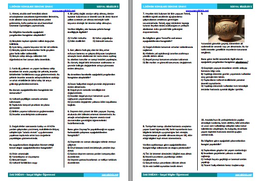5.Sınıf Sosyal Bilgiler I.Dönem Konuları Deneme Sınavı