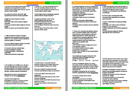6.Sınıf Sosyal Bilgiler I.Dönem Konuları Deneme Sınavı