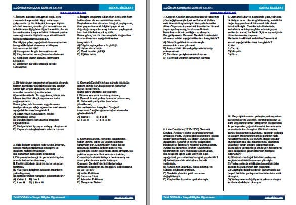 7.Sınıf Sosyal Bilgiler 1.Dönem Konuları Deneme Sınavı