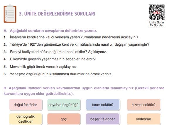 7.Sınıf Sosyal Bilgiler 3.Ünite Değerlendirme Soruları YILDIRIM Sayfa 144-147