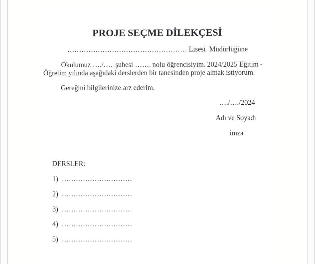 Proje Ödevi Tercih Dilekçesi