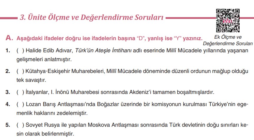 T.C. İnkılap Tarihi DersDestek Kitabı Sayfa 122-129 Cevapları
