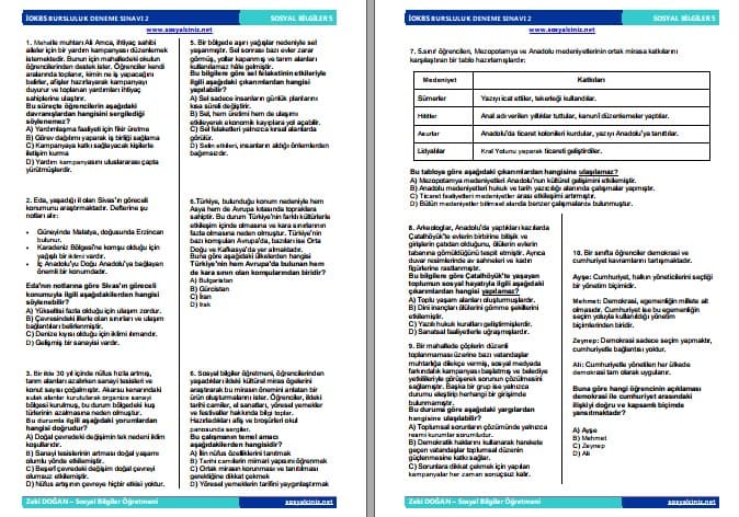 5.Sınıf Sosyal Bilgiler İOKBS Bursluluk Deneme Sınavı 2