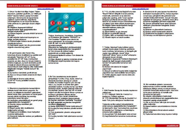6.Sınıf Sosyal Bilgiler İOKBS Bursluluk Deneme Sınavı 2
