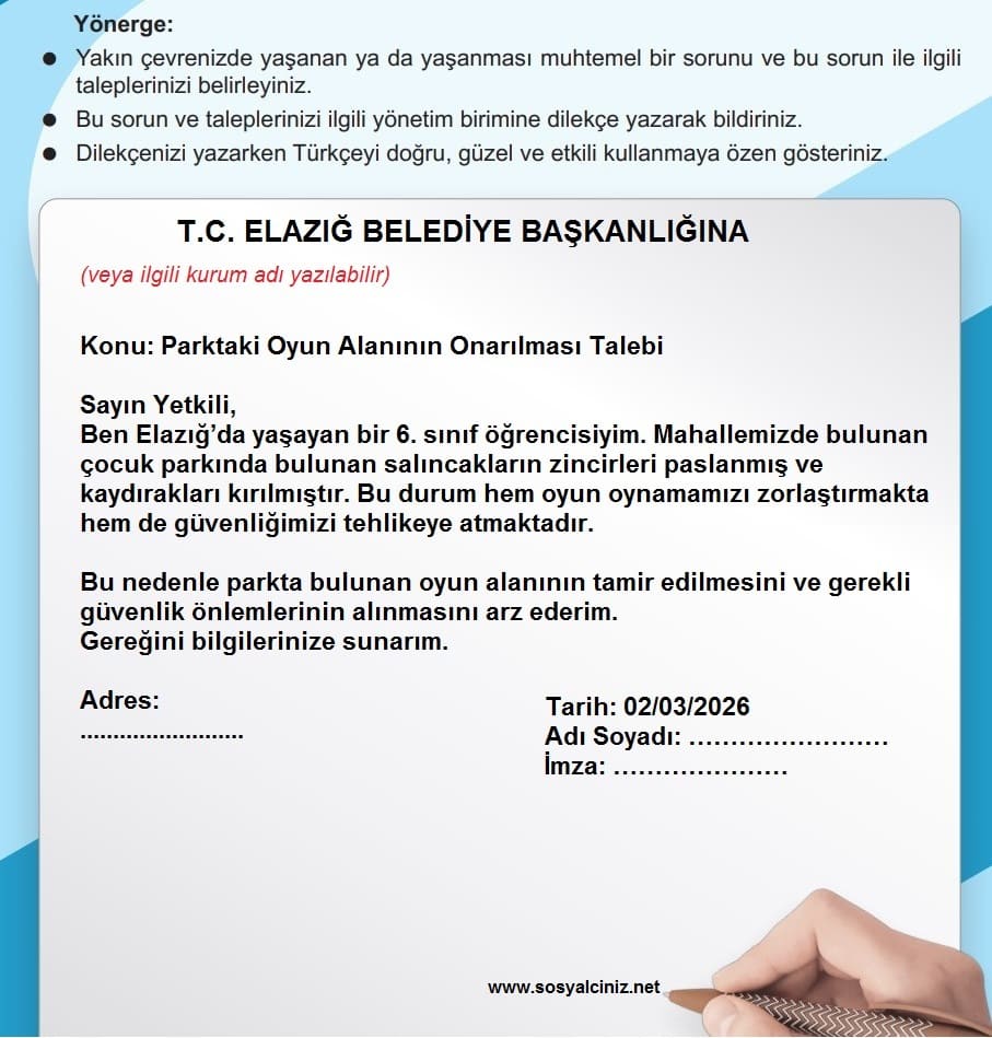 6.Sınıf Sosyal Bilgiler Dilekçe Etkinliği Performans Görevi Sayfa 31