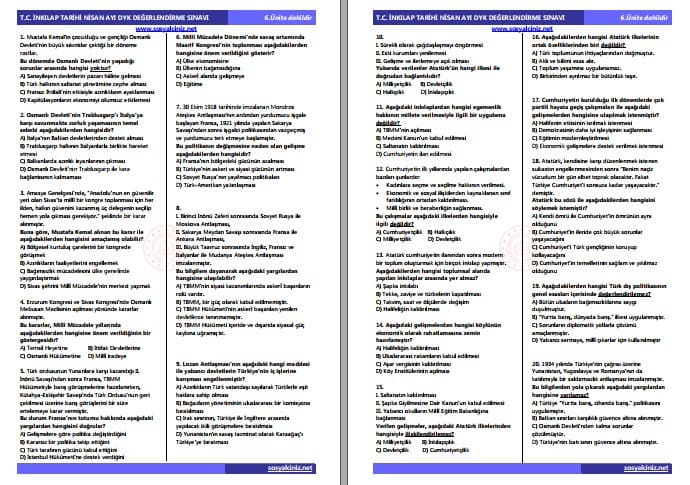 T.C. İnkılap Tarihi Nisan 2026 DYK Değerlendirme Sınavı