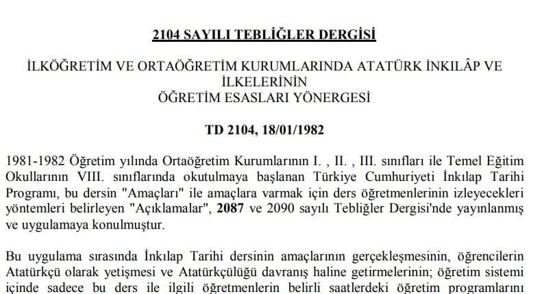 TYMM Yıllık Planlarda Atatürkçülük Konuları Yönergesi