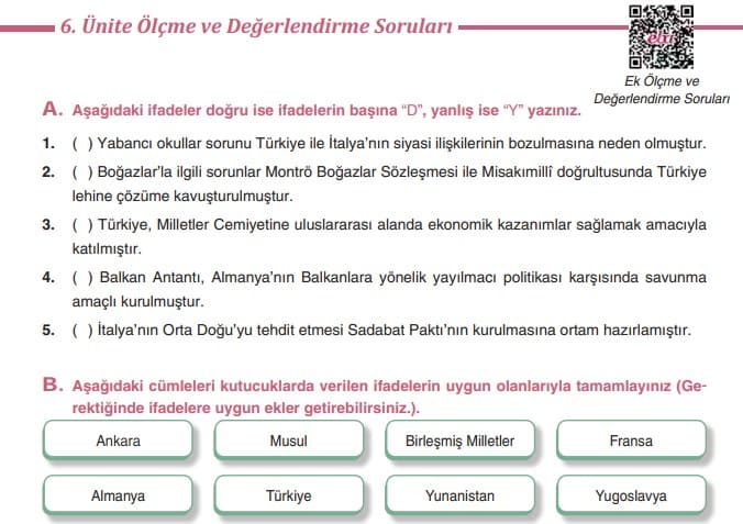 T.C.İnkılap Tarihi Dersdestek Kitabı 6. Ünite Ölçme ve Değerlendirme Soruları