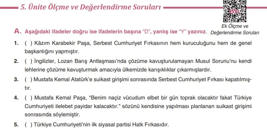 T.C. İnkılap Tarihi Dersdestek Kitabı 5.Ünite Ölçme Değerlendirme Soruları