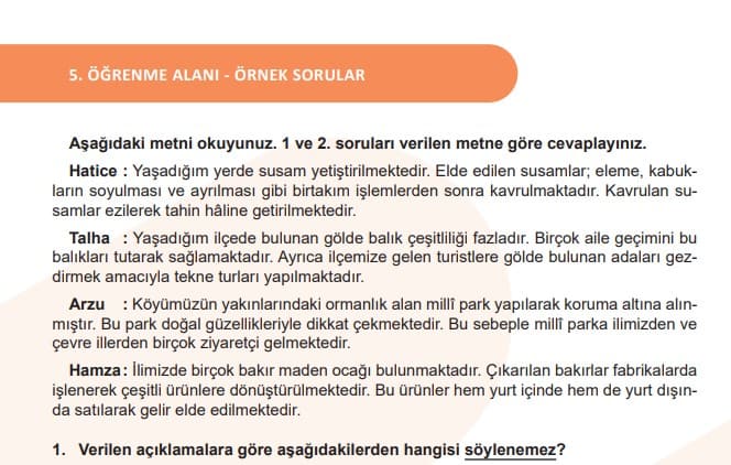 6.Sınıf Sosyal Bilgiler 5.Öğrenme Alanı Örnek Sorular