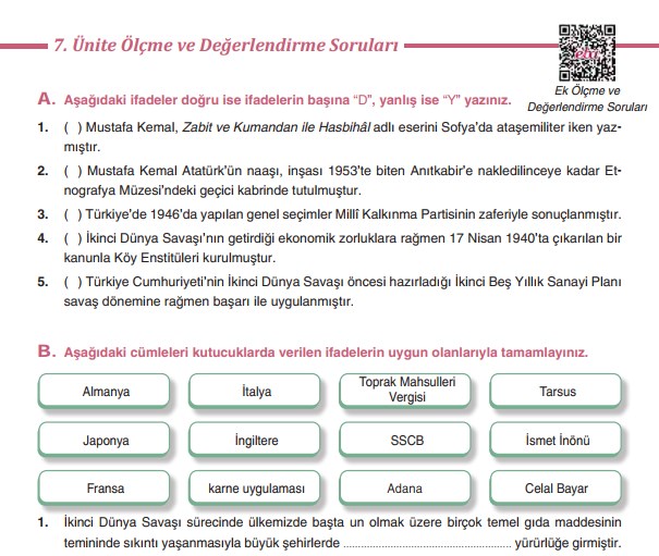 T.C. İnkılap Tarihi Dersdestek 7.Ünite Ölçme ve Değerlendirme Soruları