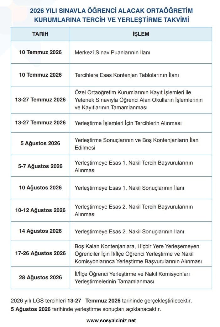 2026 YILI SINAVLA ÖĞRENCİ ALACAK ORTAÖĞRETİM KURUMLARINA TERCİH VE YERLEŞTİRME TAKVİMİ