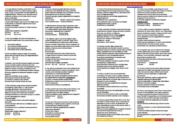 4.Sınıftan 5.Sınıfa Geçenler İçin Sosyal Bilgiler Hazır Bulunuşluk Sınavı