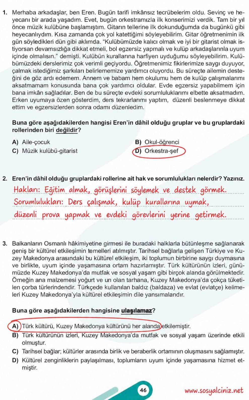 5.Sınıf Sosyal Bilgiler 1.Kitap Sayfa 46-47 Değerlendirme Soruları