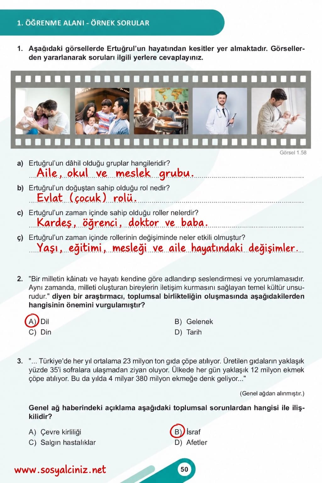 6.Sınıf Sosyal Bilgiler 1.Öğrenme Alanı Örnek Sorular Sayfa 50-51 Cevapları