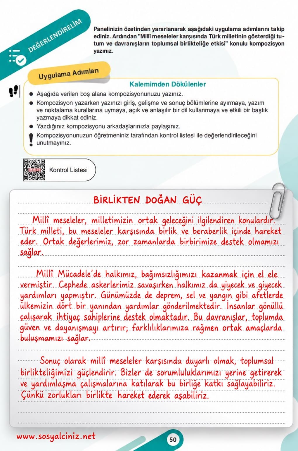 7.Sınıf Sosyal Bilgiler 1.Kitap Sayfa 50 Değerlendirelim Etkinliği