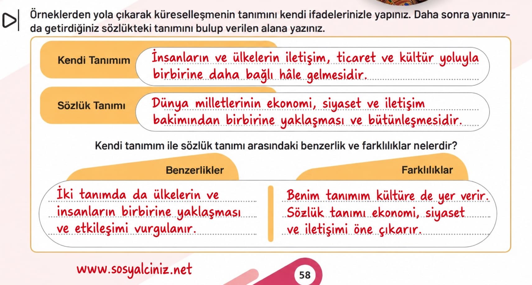 7.Sınıf Sosyal Bilgiler 1.Kitap Sayfa 58-59 Etkinlik Cevapları