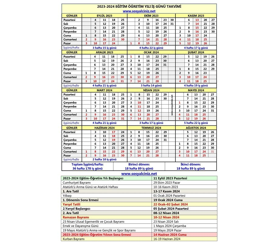 2023-2024 Çalışma ve İş günü Takvimi