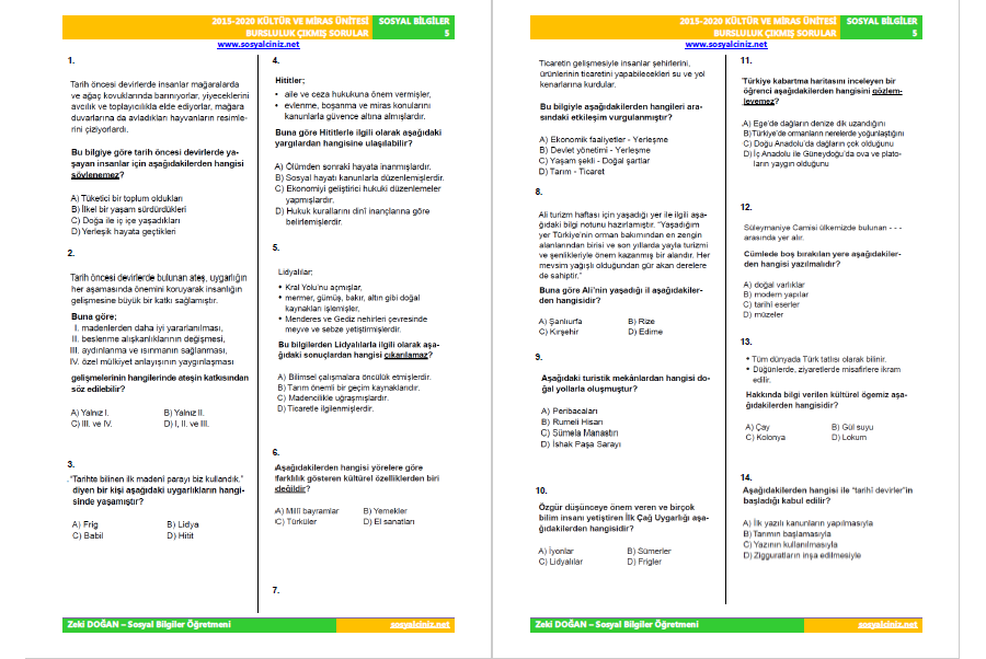 5. Sınıf Sosyal Bilgiler 2. Ünite Bursluluk Çıkmış Sorular