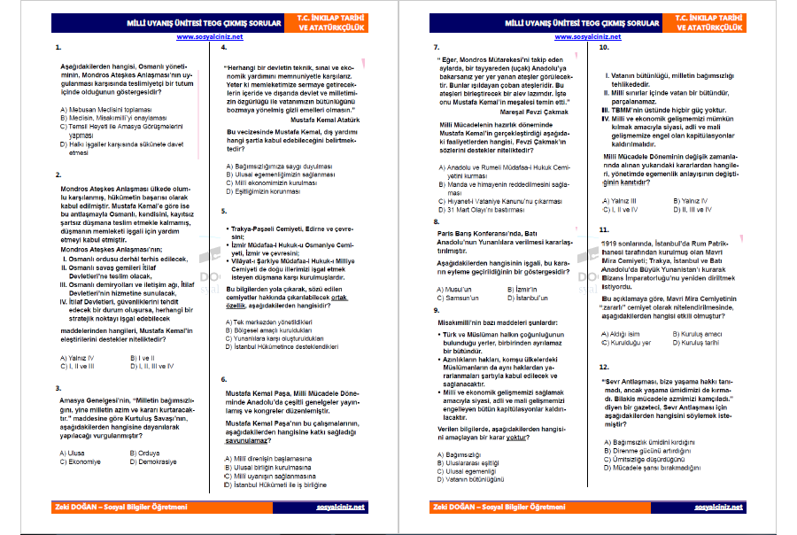 T. C. İnkılap Tarihi 2. Ünite Milli Uyanış Çıkmış Sorular