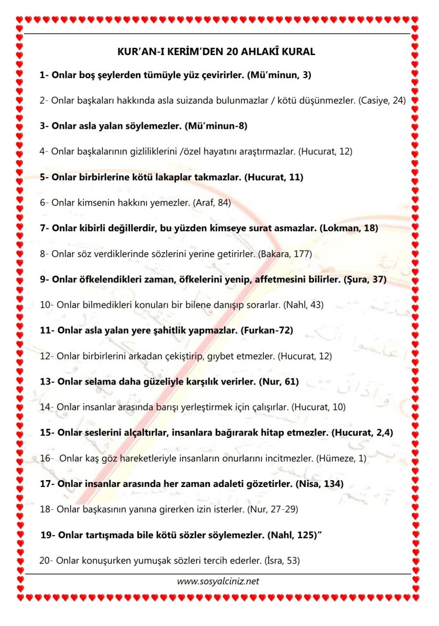 Kur'an-ı Kerim'den 20 Ahlakî Kural Tablo PDF